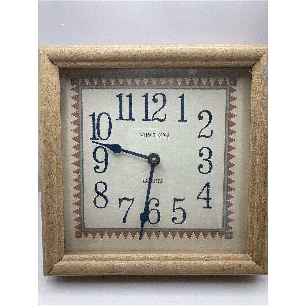 Vintage Verichron Quartz Wall Clock Square Wood Frame Mid Century Modern USA 9”